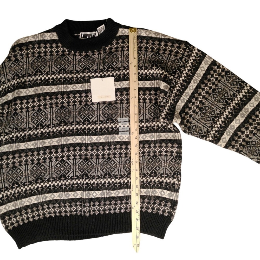 NWT Vintage Studio Mens Fair Isle Knit Sweater Black Gray Geometric Pattern L - Picture 6 of 7